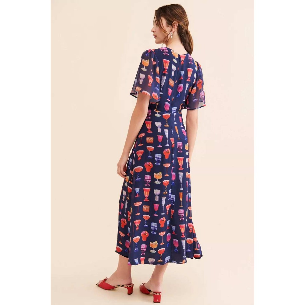 Cocktail Novelty Print Tiki Lisa Says Gah Grace Dress Midi Flutter Sleeve S Navy - Picture 4 of 10